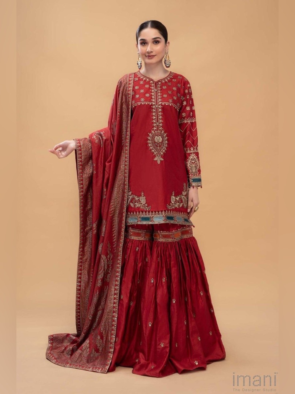 MARIA. B. Red Embroidered Maxi Sharara Skirt Set